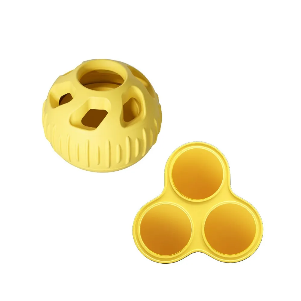 Yellow silicone frozen treat dispensing dog toy with silicone snack mold for pets