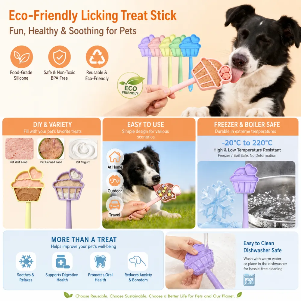 Eco-friendly dog licking treat stick made from BPA-free silicone for frozen snacks, anxiety relief and slow licking enrichment