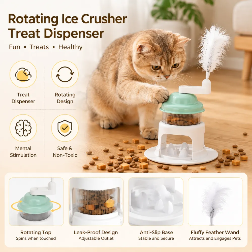 British shorthair cat using rotating treat dispenser toy with feather teaser and anti-slip base indoors