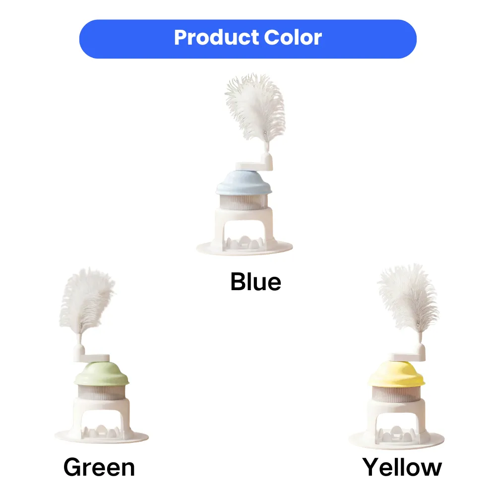 Product color variations of interactive cat treat dispenser toy available in blue, green, and yellow