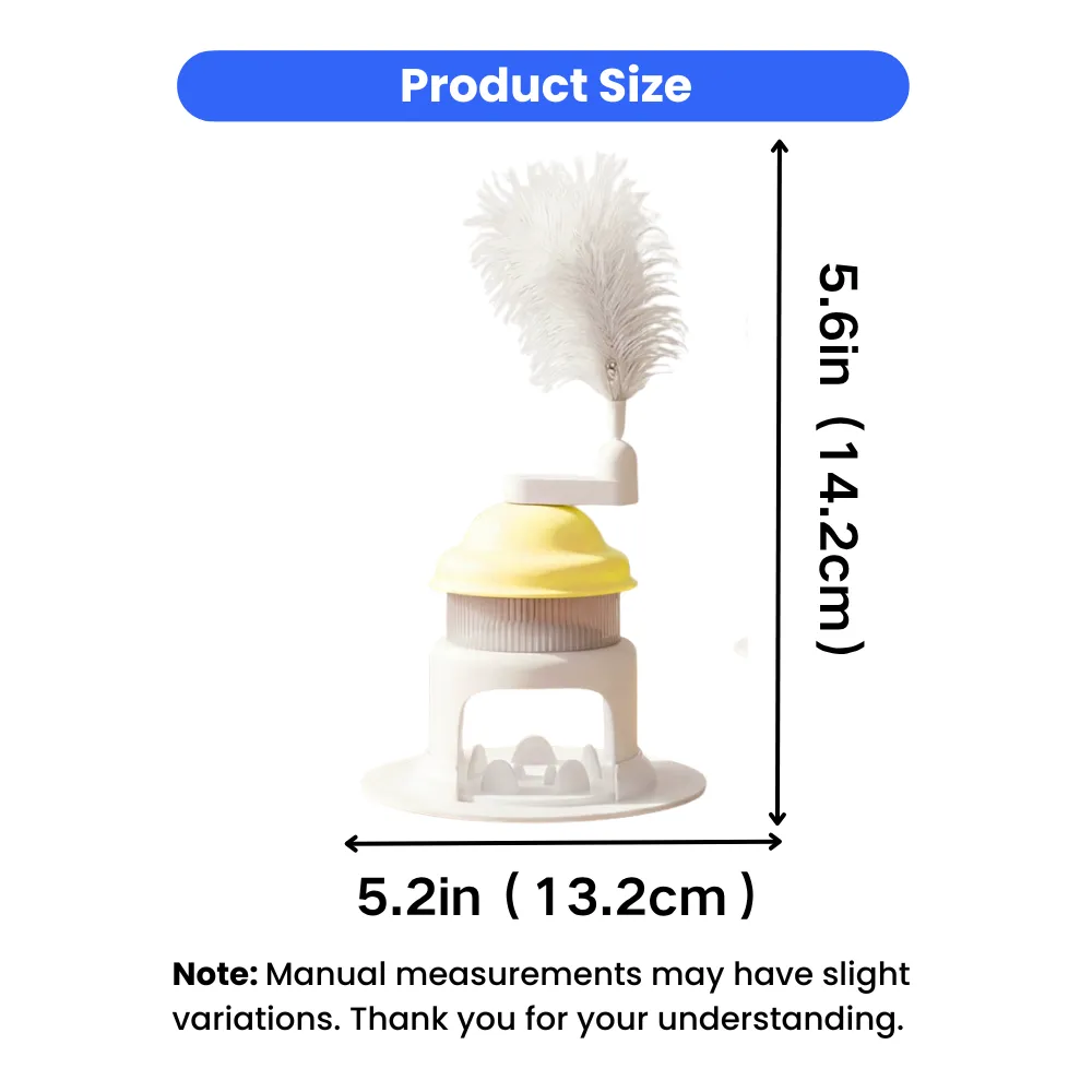 Size chart of interactive cat treat dispenser toy measuring 5.6 inches tall and 5.2 inches wide