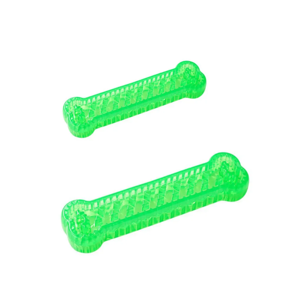 Bone Shaped Dog Chew Toy Set for Dental Cleaning Two green transparent bone shaped dog chew toys made of durable TPR material for dog teeth cleaning and chewing