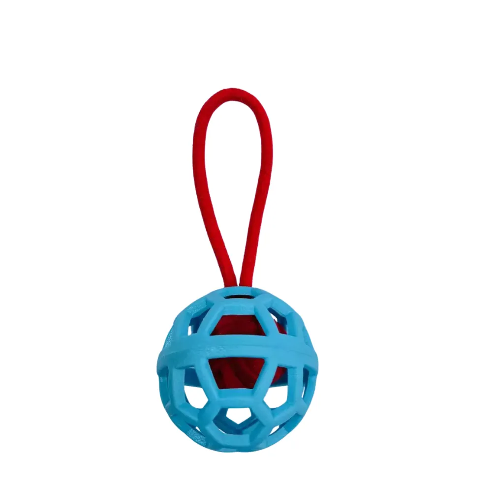 Blue TPR hollow dog ball toy attached with red rope loop