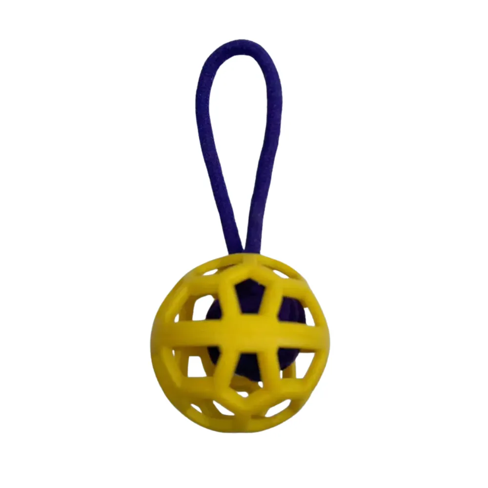 Yellow TPR hollow dog toy ball with purple rope loop handle