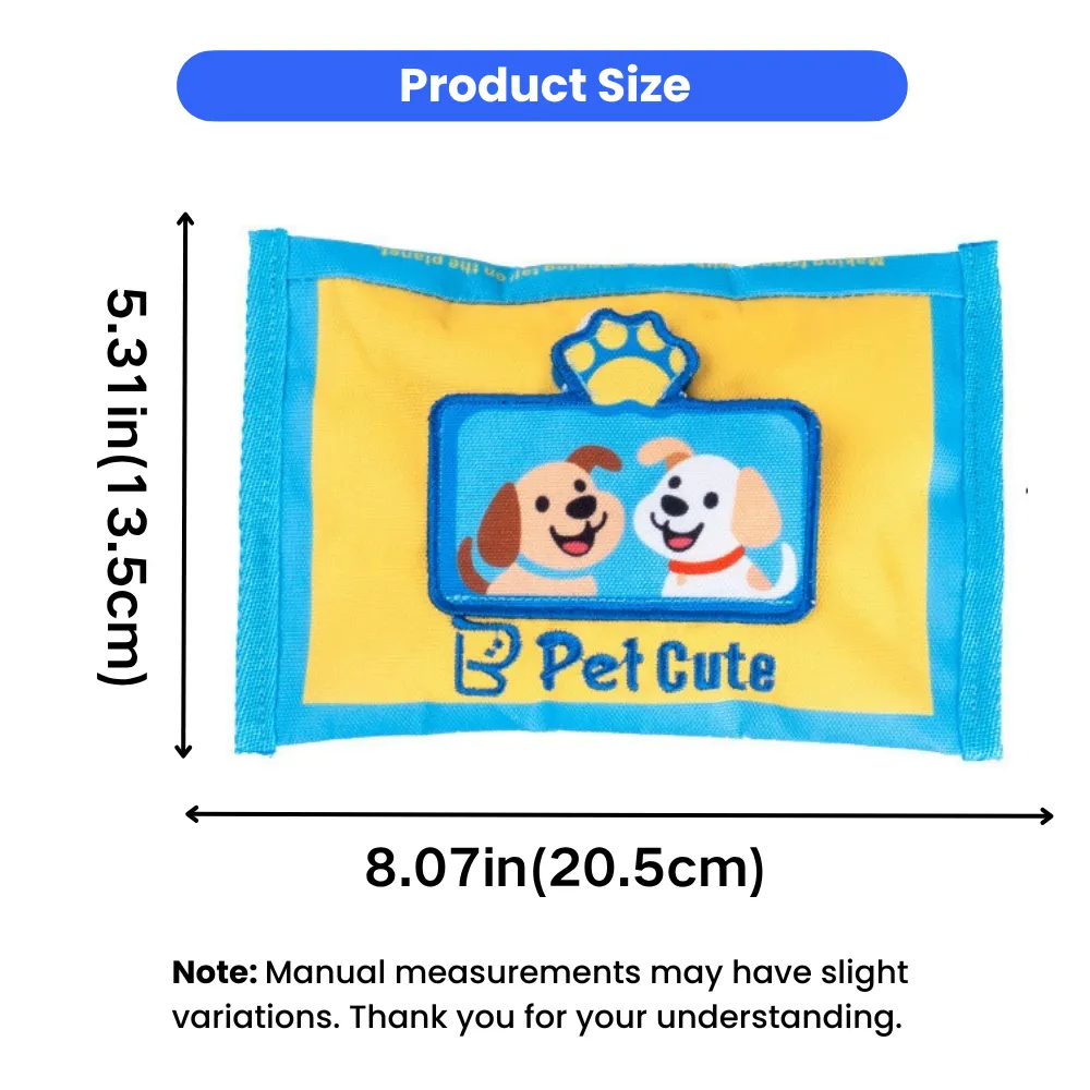 Size chart of tissue box dog toy measuring 8.07 inches by 5.31 inches for small and medium dogs