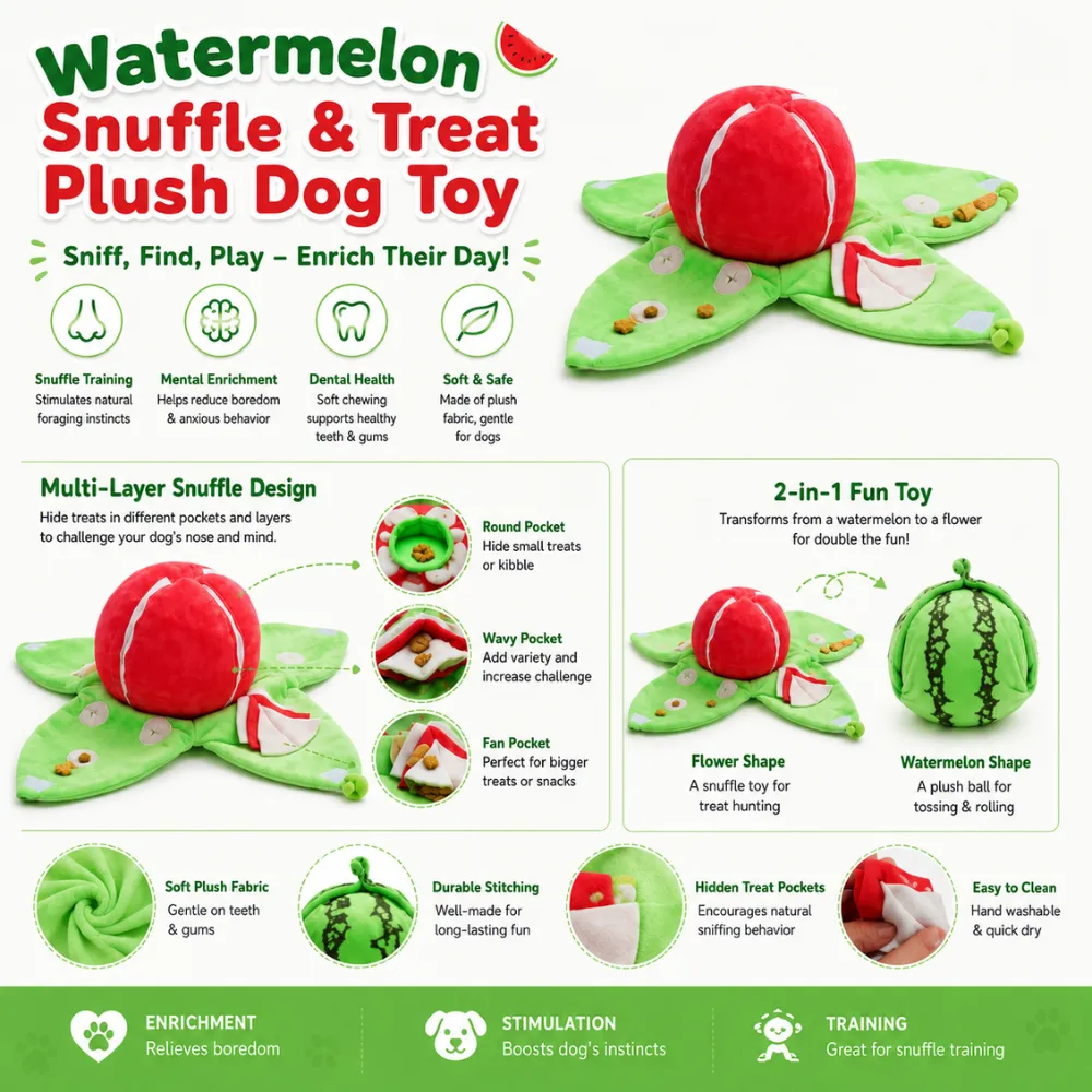 Watermelon plush snuffle dog toy with treat hiding pockets and foldable flower design for dogs