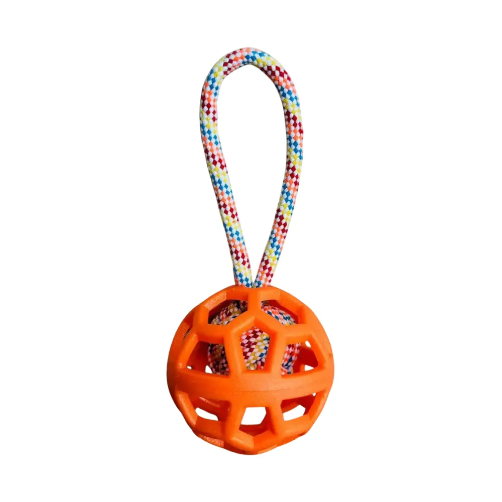 Orange TPR hollow dog toy ball with colorful rope handle