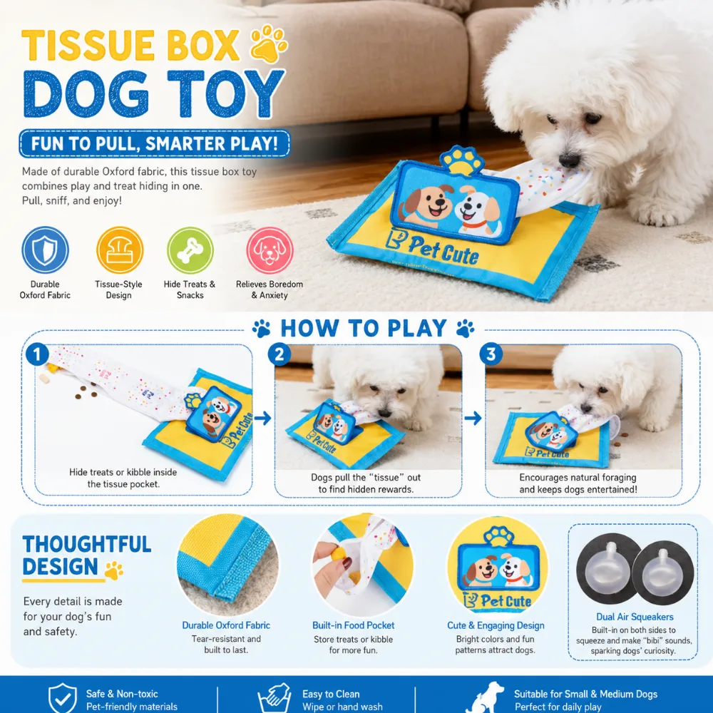 Interactive tissue box dog toy with hidden treat pocket, Oxford fabric material, and squeaker design for dog enrichment training