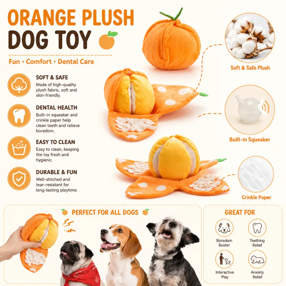 Orange plush dog toy with squeaker, crinkle paper, and soft plush material for puppies and dogs