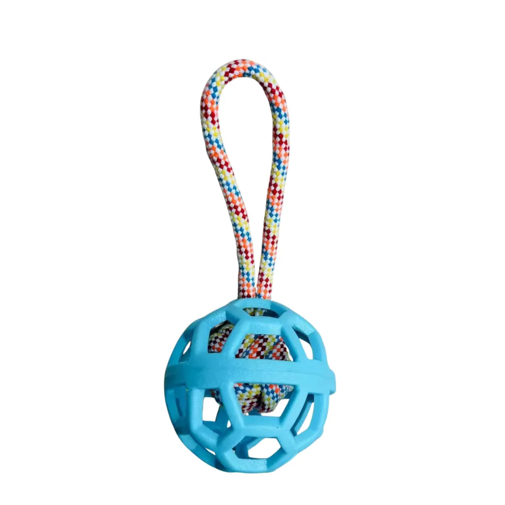 Blue TPR dog ball toy with rope handle for tug and fetch