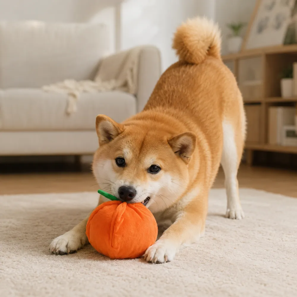 Shiba Inu dog playing with an orange plush squeaky dog toy on indoor carpet