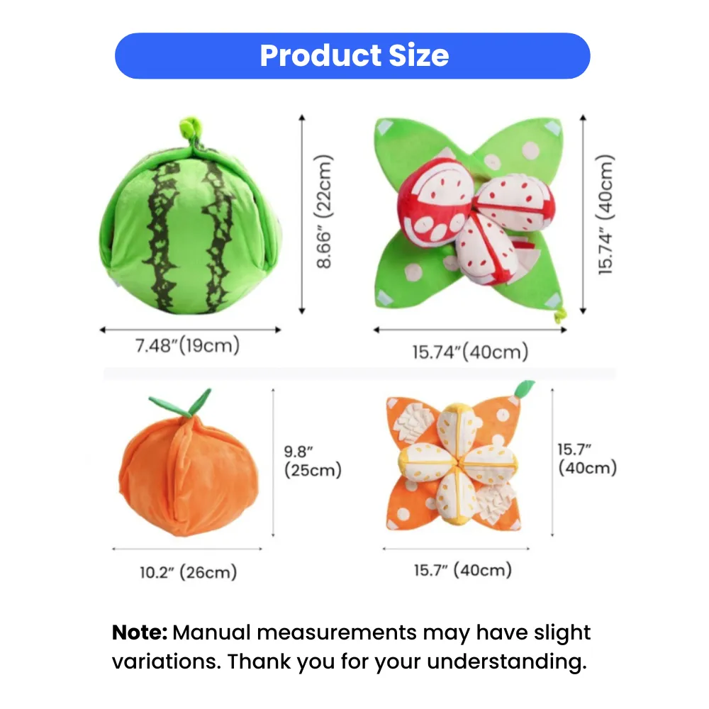 Size chart of watermelon and orange plush snuffle dog toys with dimensions in inches and centimeters