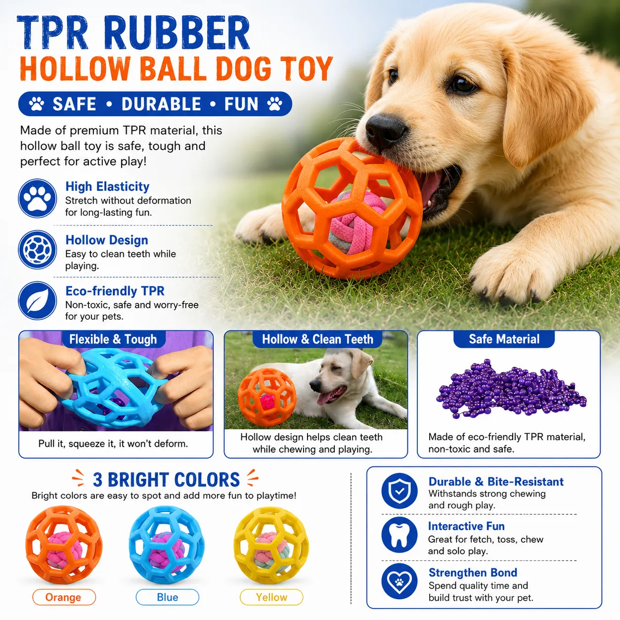 TPR rubber hollow ball dog toy product detail image featuring durable chew toy benefits safe material and interactive puppy play