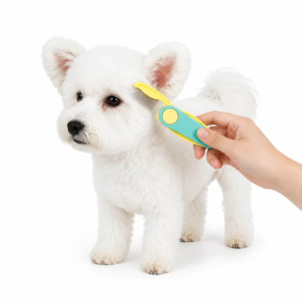 Self Cleaning Pet Grooming Brush for Dogs and Cats Small white dog being groomed with a self cleaning pet grooming brush for shedding and daily fur care