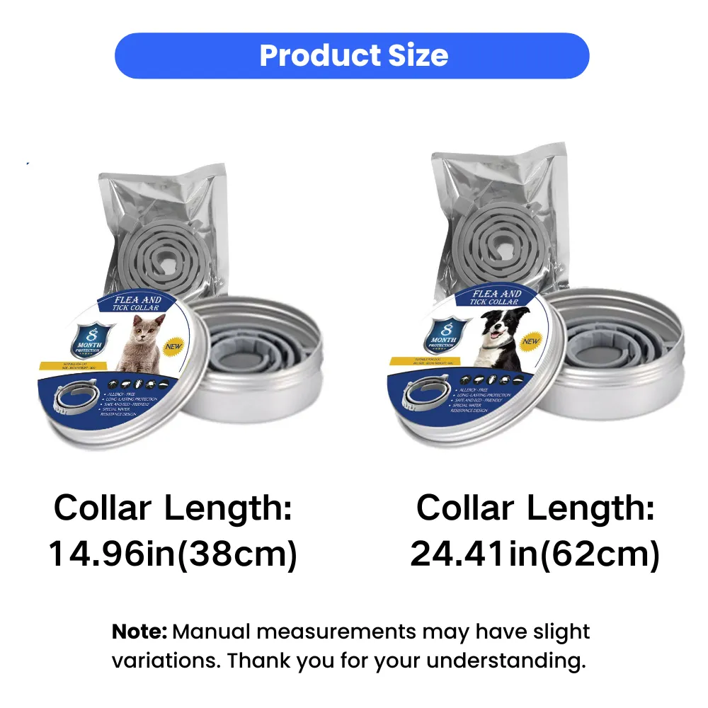 Flea and tick collar size chart showing collar length for cats and dogs in inches and centimeters