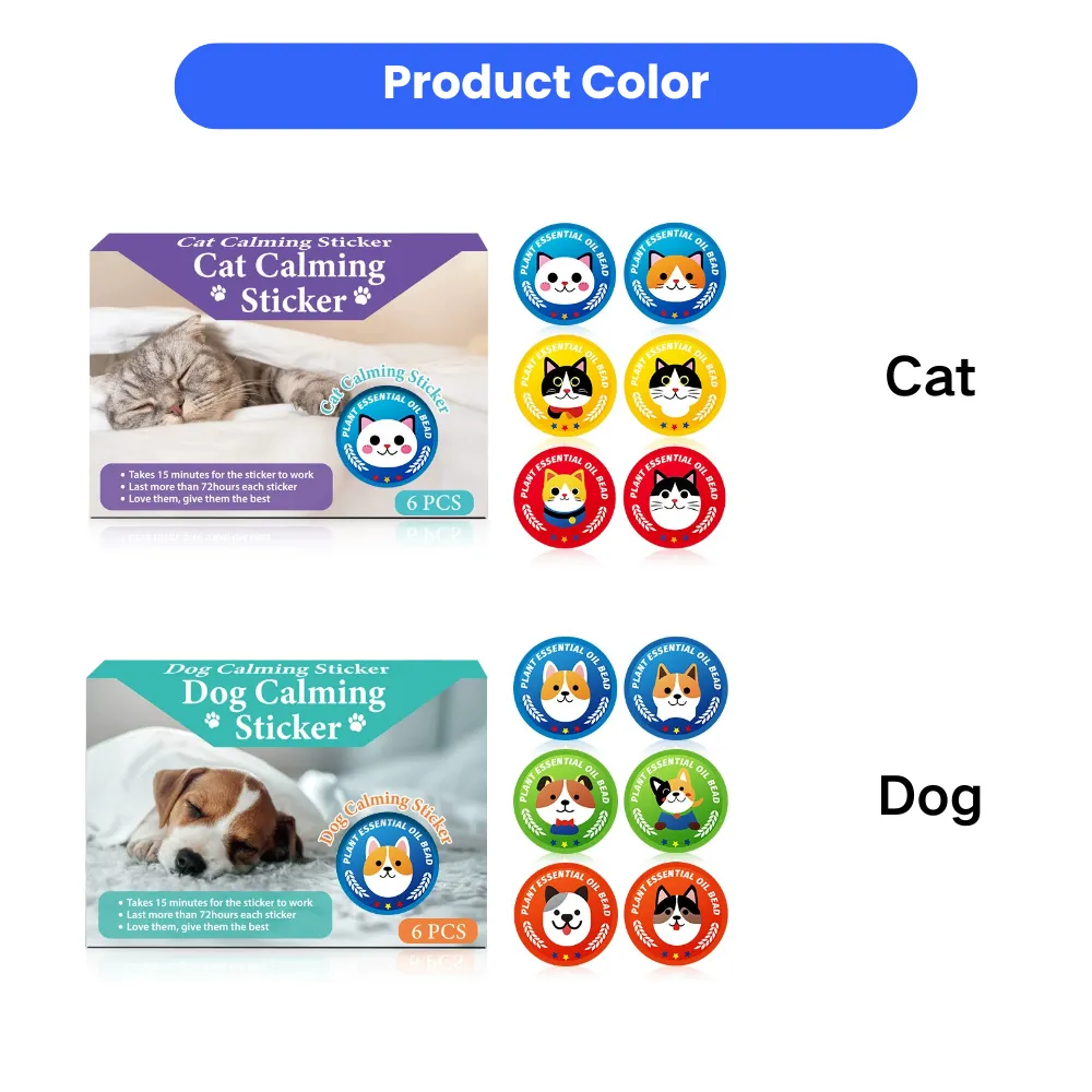 Product color options for cat and dog calming stickers with cute cartoon pet designs and essential oil calming beads