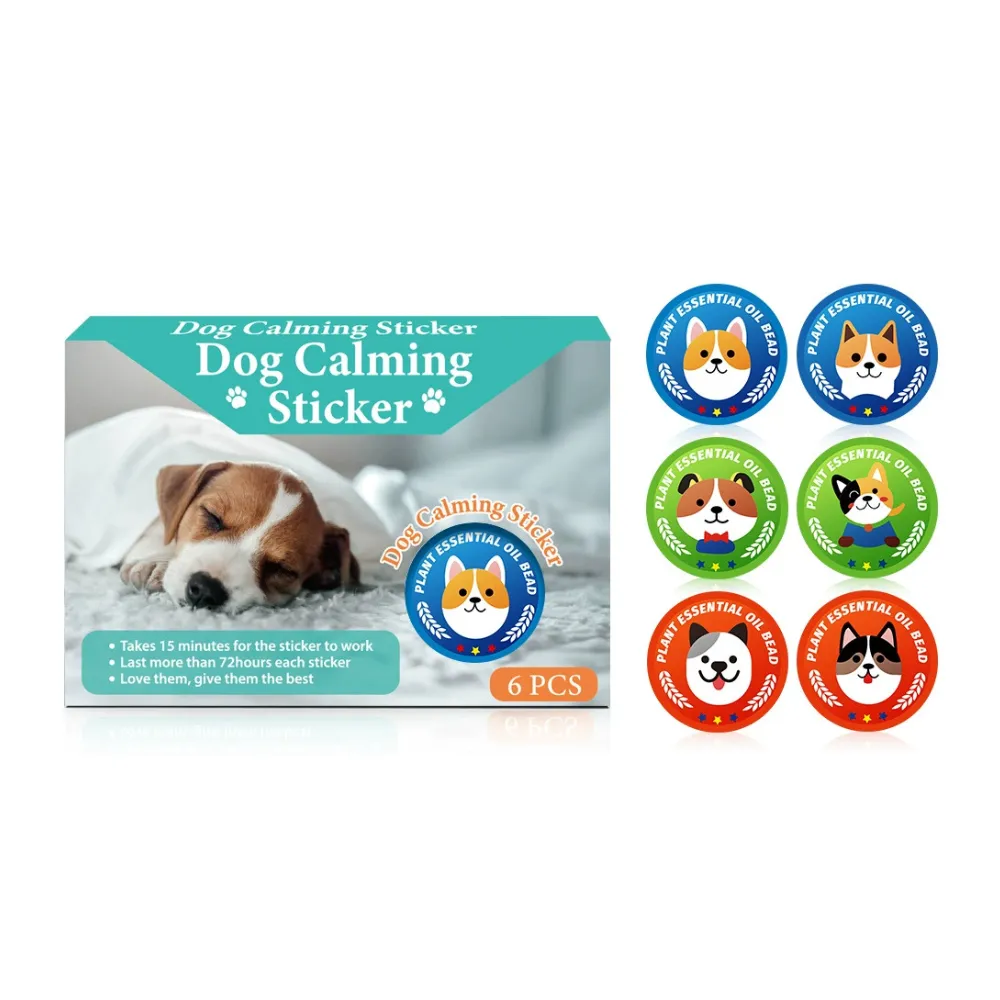 Dog calming sticker pack with plant essential oil beads designed for reducing stress and anxiety in dogs