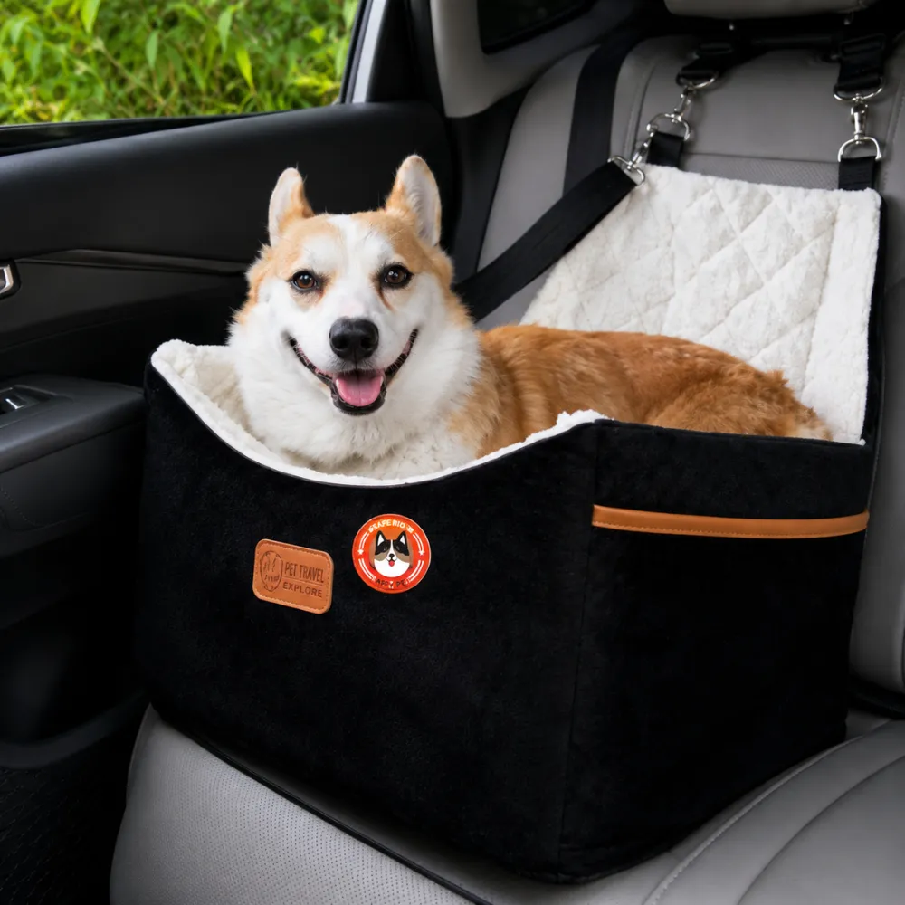 Dog relaxing in a car seat with calming sticker attached for reducing travel anxiety and stress during car rides