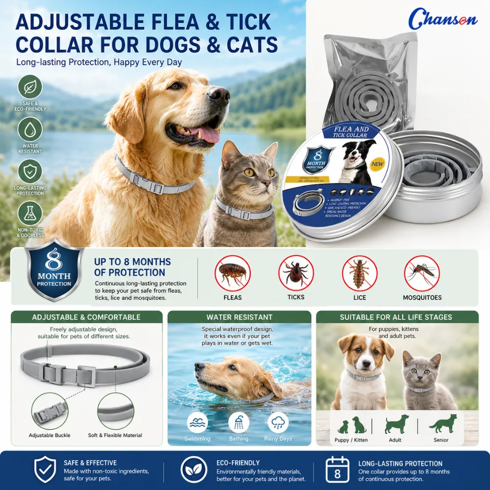 Waterproof adjustable flea and tick collar for dogs and cats with up to 8 months protection against fleas ticks lice and mosquitoes