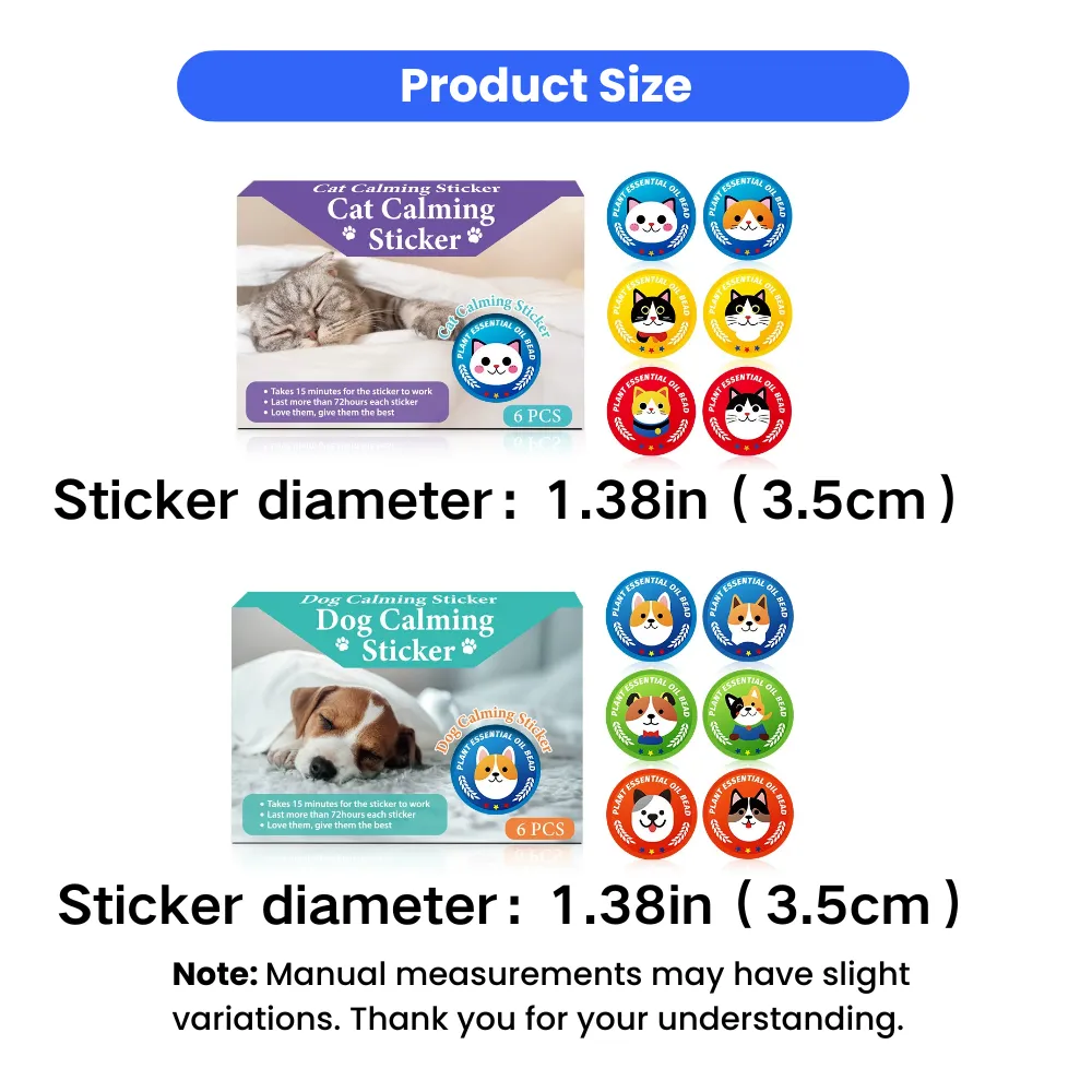 Size chart for pet calming stickers showing 1.38in 3.5cm diameter for cat and dog anxiety relief stickers