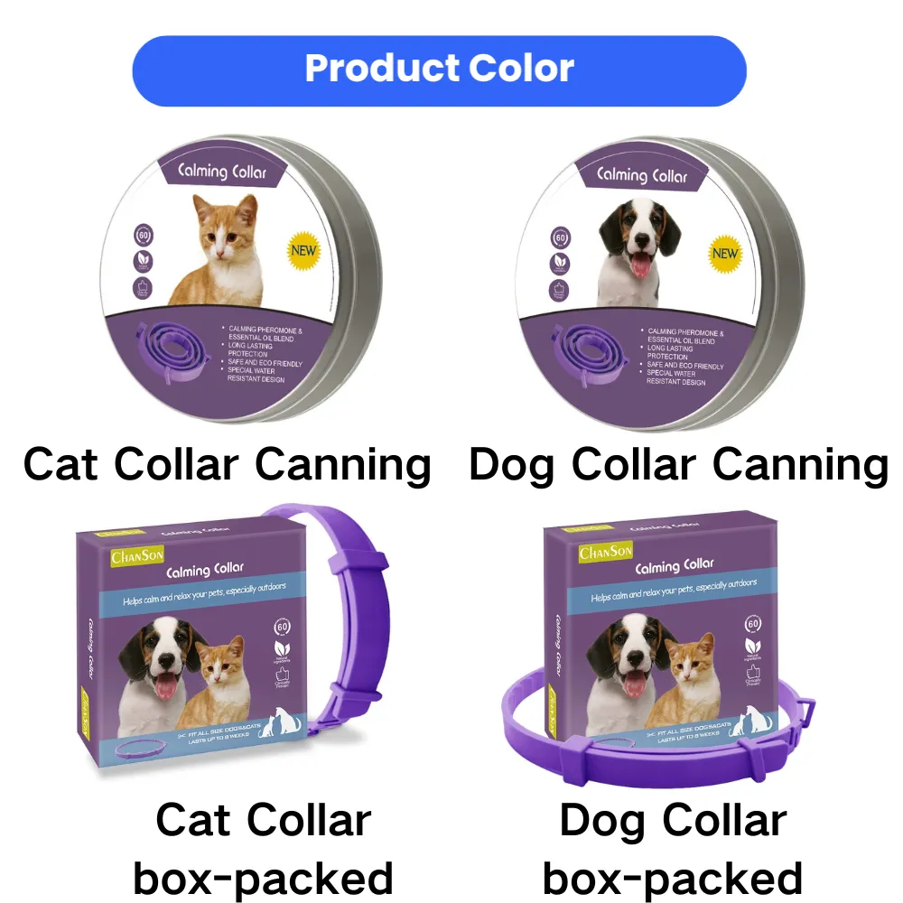Adjustable calming collar product options for cats and dogs with tin and box packaging styles
