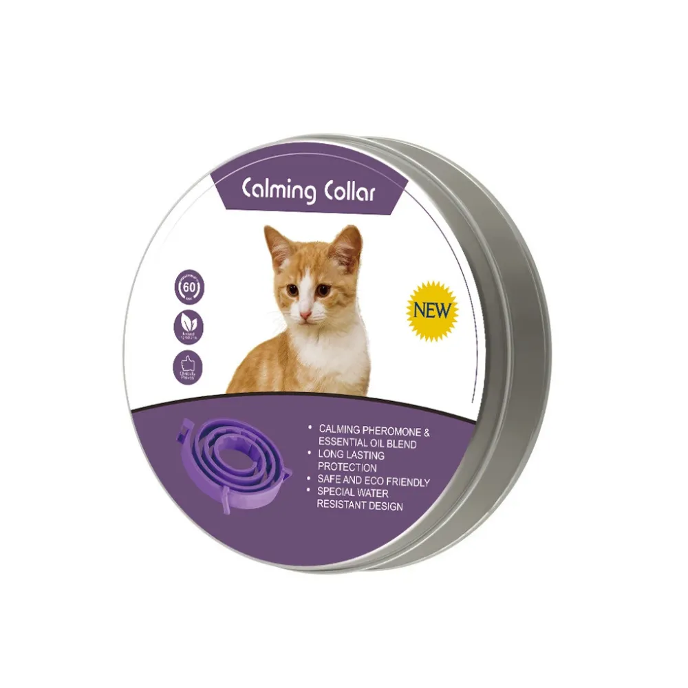 Cat calming collar in round tin packaging with natural pheromone and essential oil blend