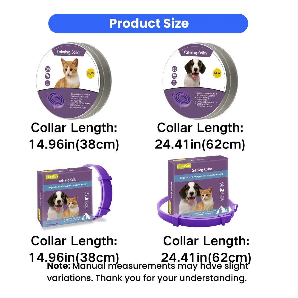 Pet calming collar size comparison chart showing cat and dog collar lengths in inches and centimeters