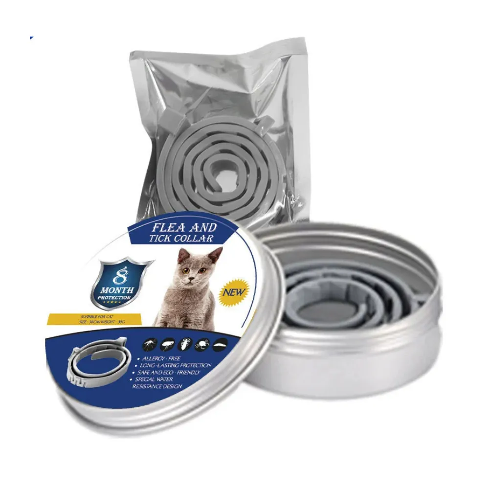 Cat flea and tick collar in metal tin packaging with adjustable gray collar and waterproof protection