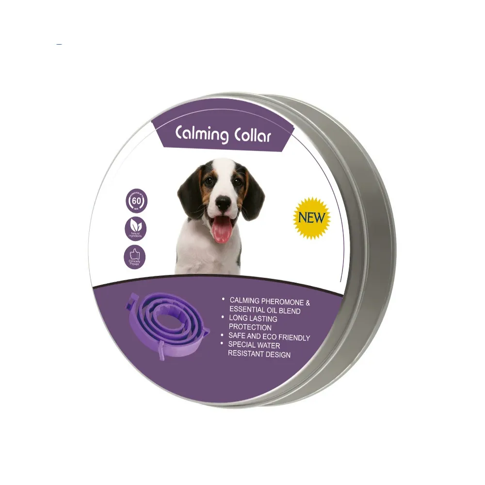 Dog calming collar in metal tin package featuring adjustable waterproof calming collar design