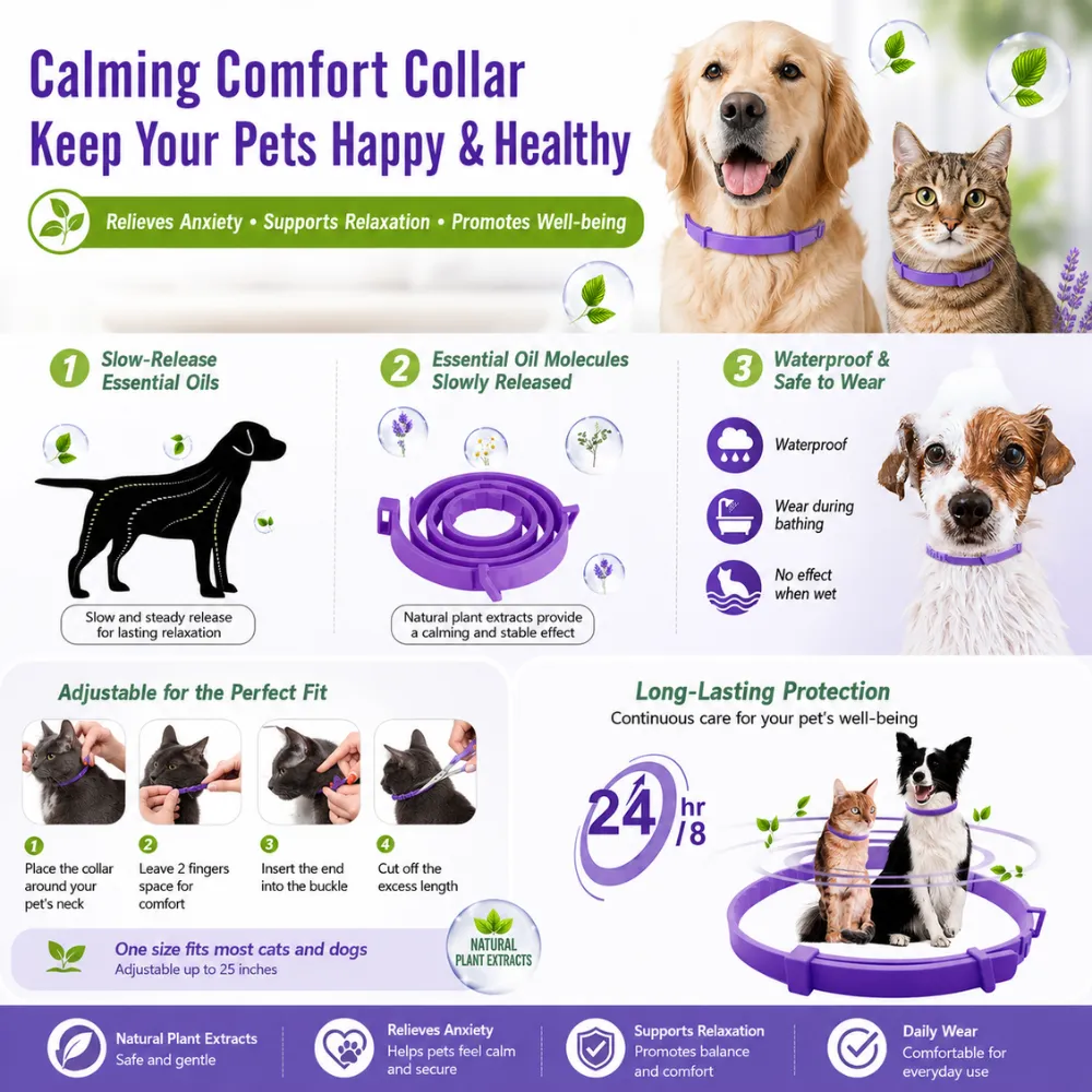 Dog and cat wearing calming comfort collars with essential oil anxiety relief and waterproof protection