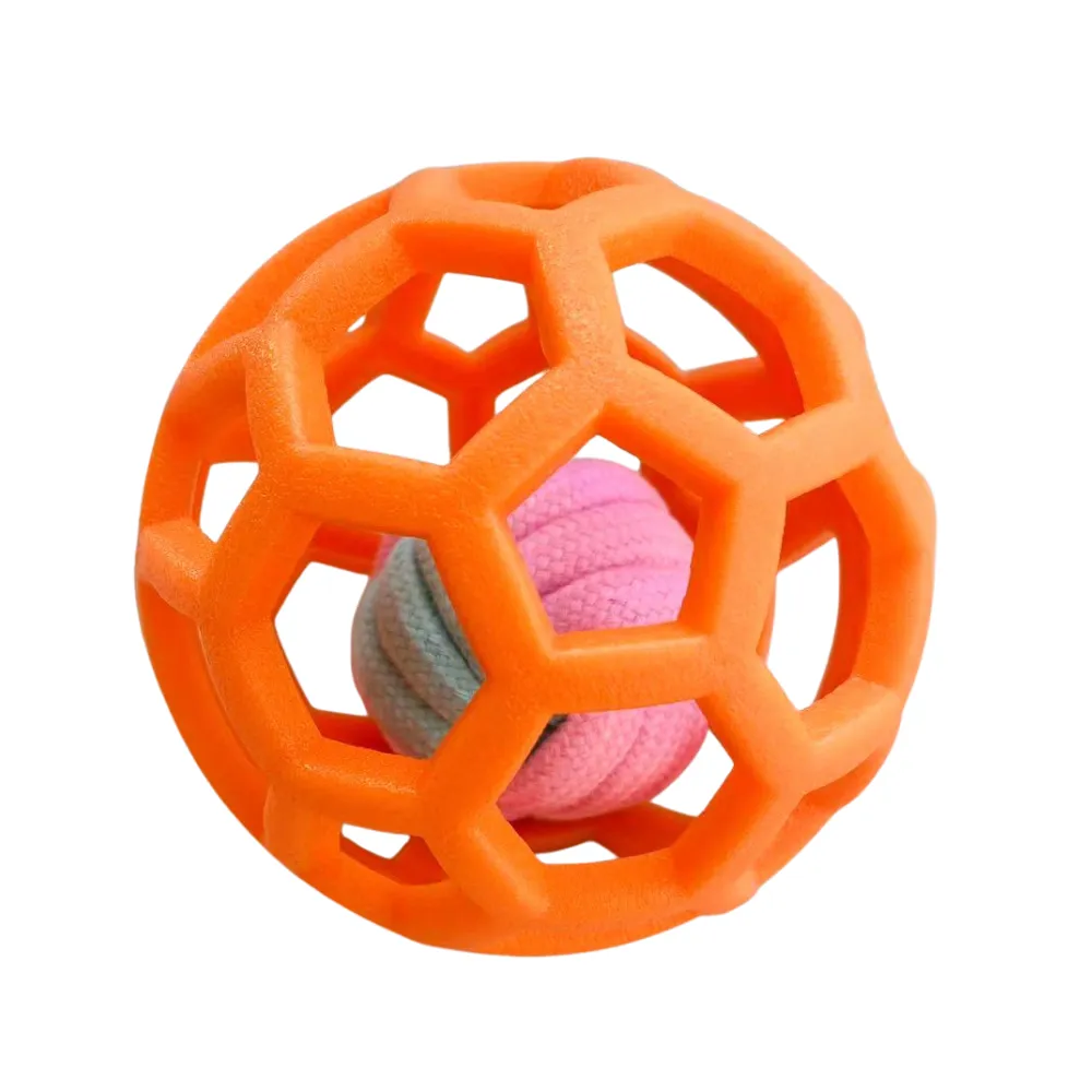Orange hollow rubber dog toy ball designed for chewing and fetch games