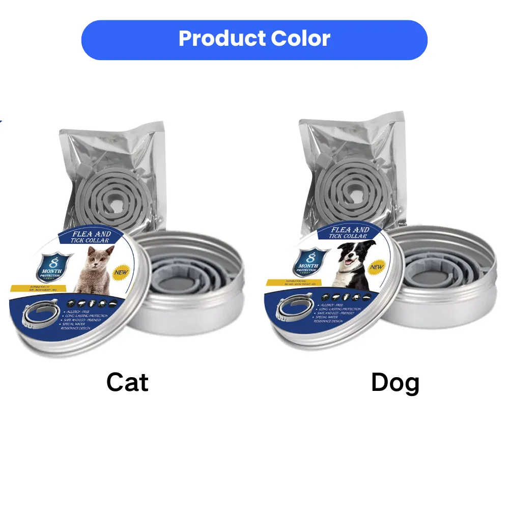 Cat and dog flea and tick collar product color and packaging options displayed for pet protection