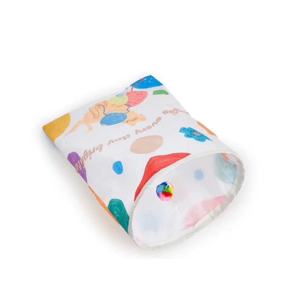 Colorful printed cat tunnel toy with rainbow hanging ball for kitten and cat play