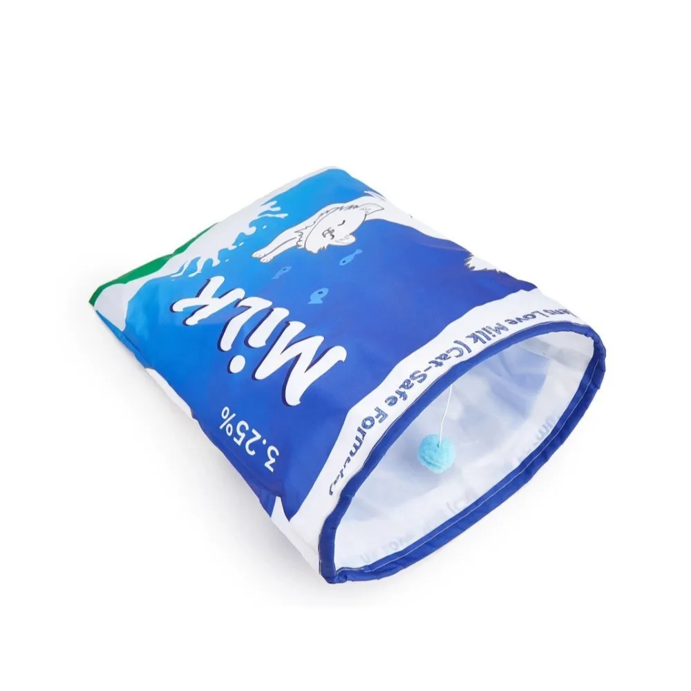 Blue crinkle cat tunnel toy with hanging teaser ball for playful indoor cats