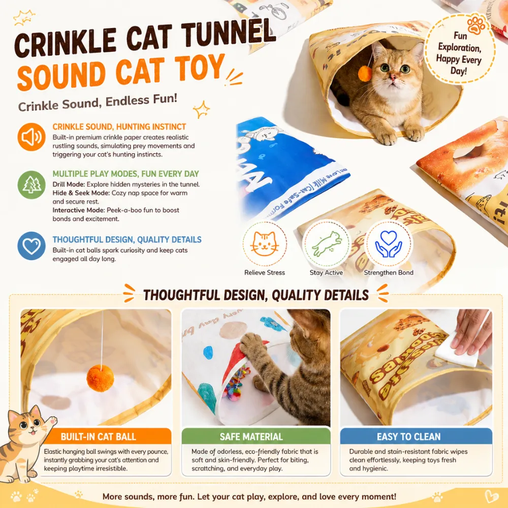 Interactive cat tunnel toy with crinkle paper sound and hanging teaser ball for active cats