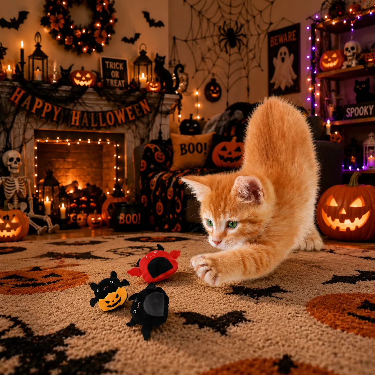 Orange kitten playing with Halloween catnip plush bat toys in a spooky Halloween room