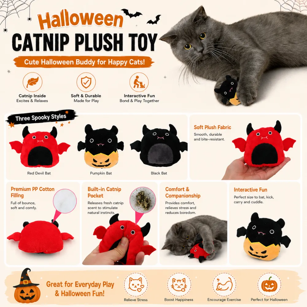 Halloween catnip plush toy for cats with soft plush fabric and interactive play features