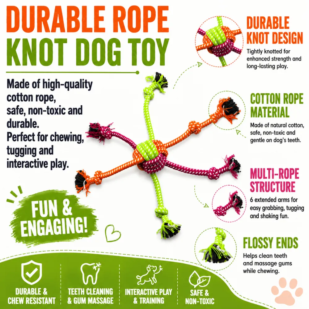 Durable cotton rope knot dog toy with flossy ends for teeth cleaning and tug play
