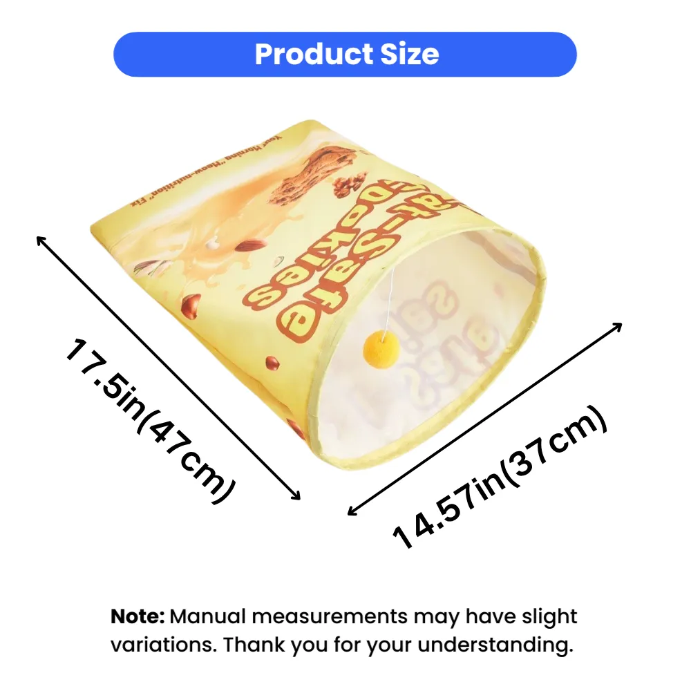 Size dimensions of crinkle cat tunnel toy measuring 17.5 inches by 14.57 inches for cats