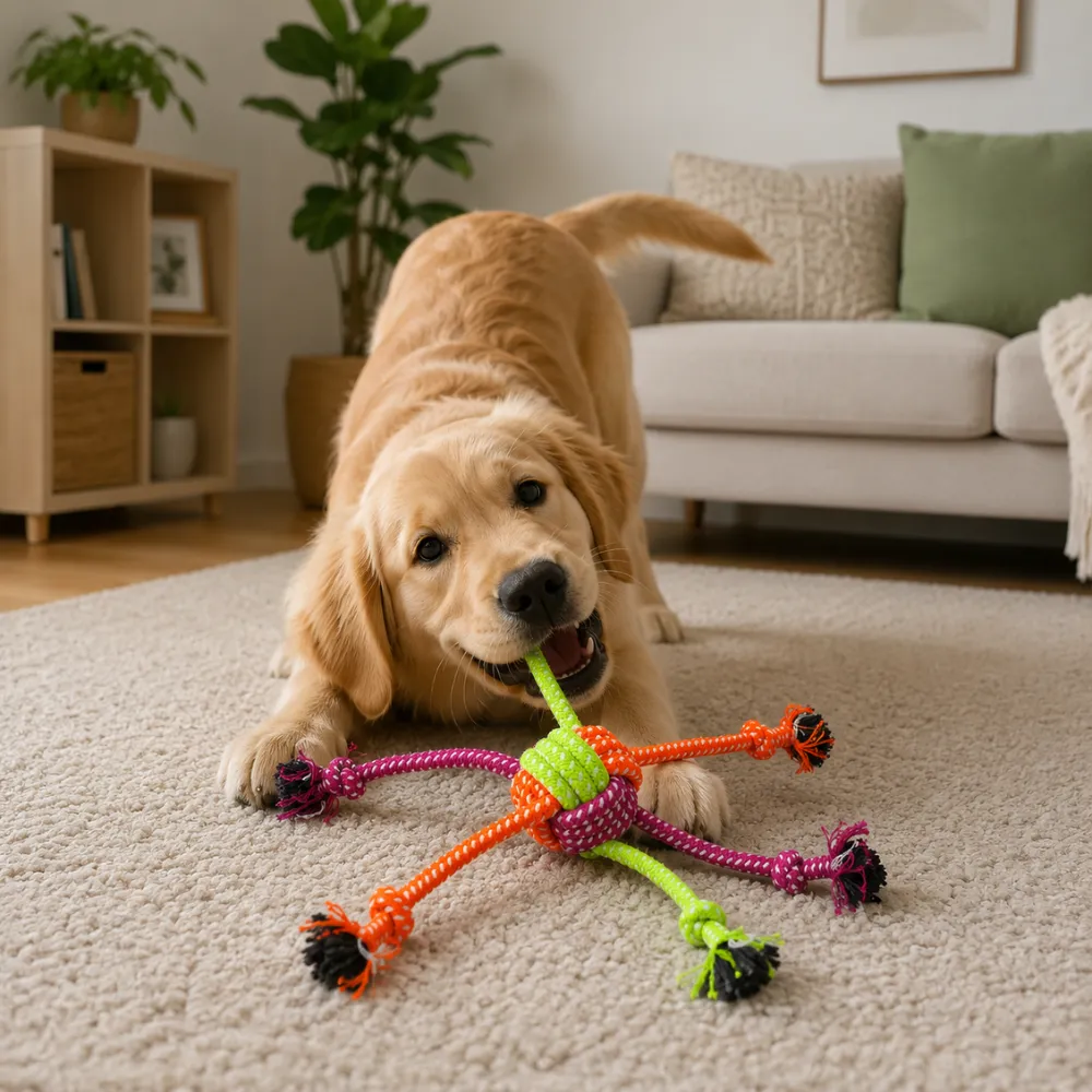 Golden retriever chewing colorful rope knot dog toy in living room