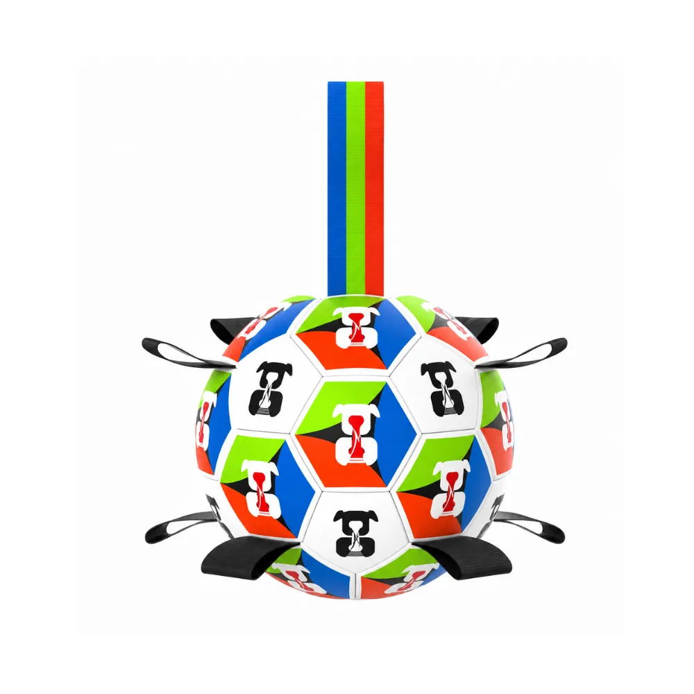 Colorful world cup themed dog soccer ball toy with pull tabs and hanging strap