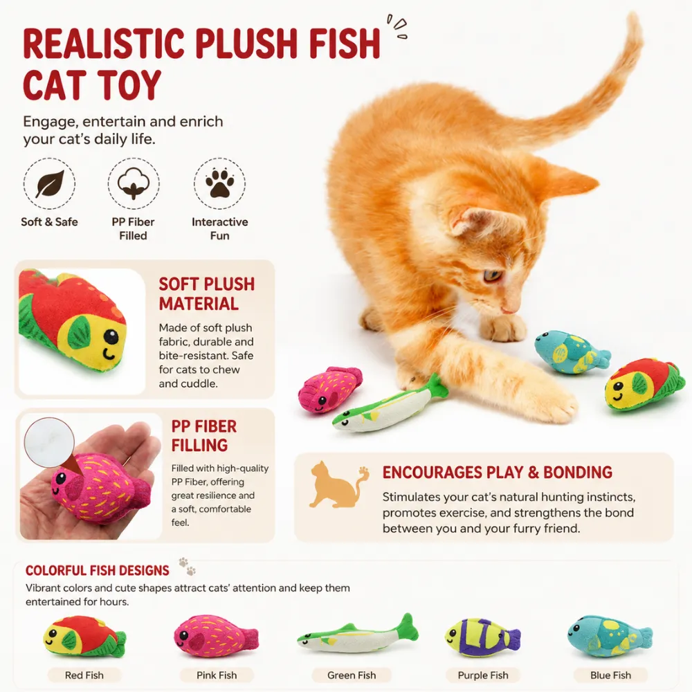Realistic Plush Fish Cat Toy Interactive Play Set | Petfairs Orange kitten playing with colorful plush fish cat toys made with soft plush and PP fiber filling