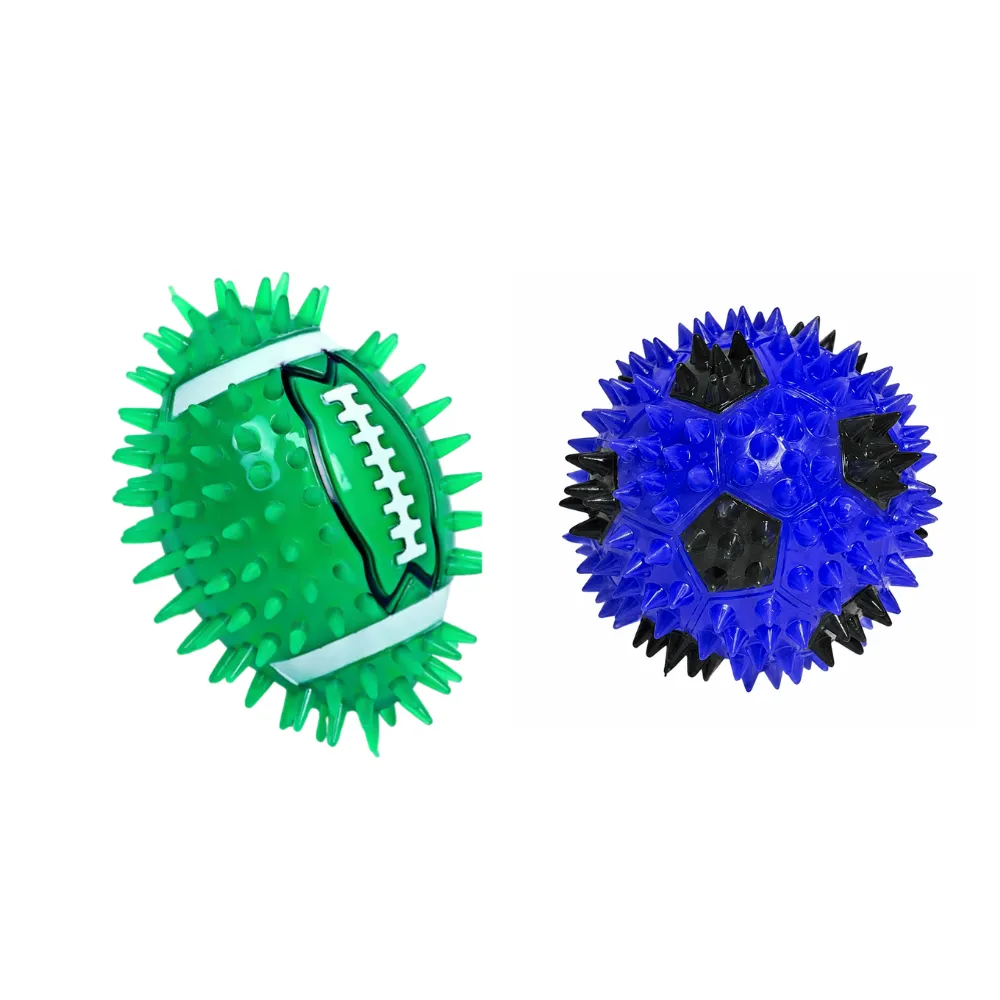 Spiky Squeaky Dog Balls for Teeth Cleaning & Interactive Play | Petfairs Blue and green spiky squeaky dog chew balls made of durable TPR for interactive fetch, chewing, and dental cleaning.