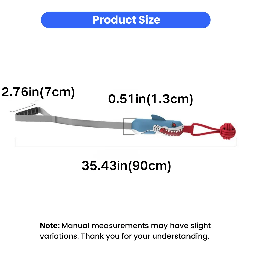 Size chart of long interactive squeaky dog tug toy with rubber handle and rope ball
