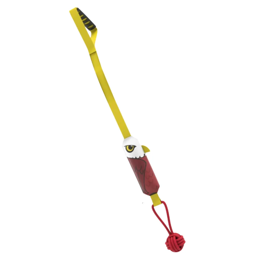 Eagle-shaped squeaky dog tug toy with rubber handle and rope knot ball