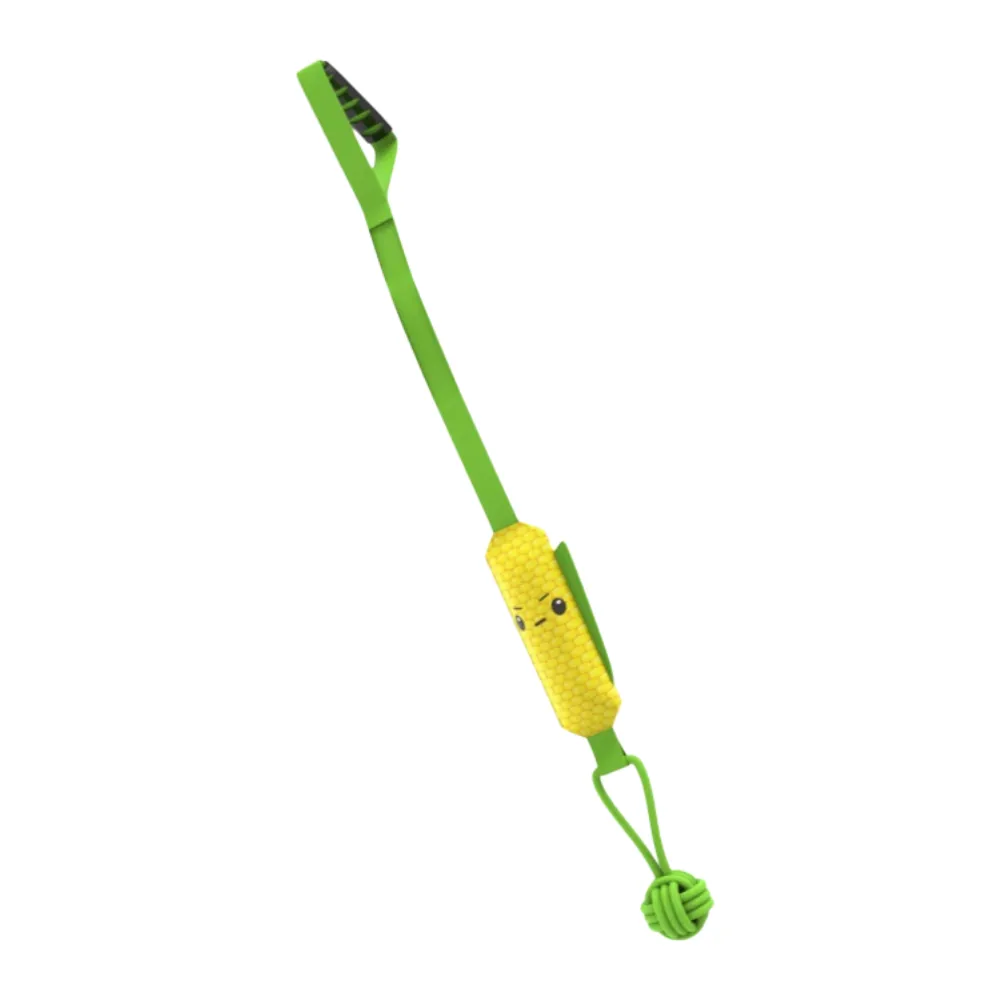 Corn-shaped interactive squeaky dog toy with long handle and rope knot ball