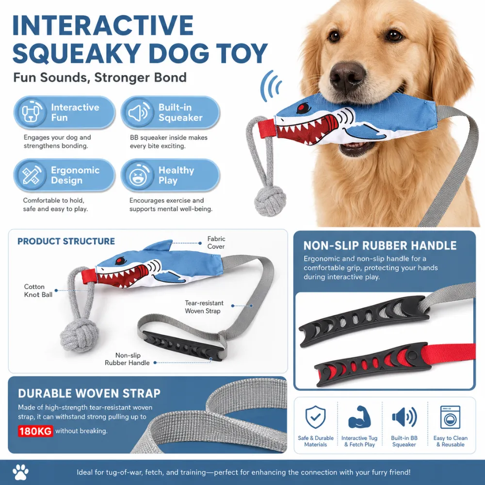 Golden retriever playing with shark squeaky tug dog toy featuring durable woven strap and rubber handle