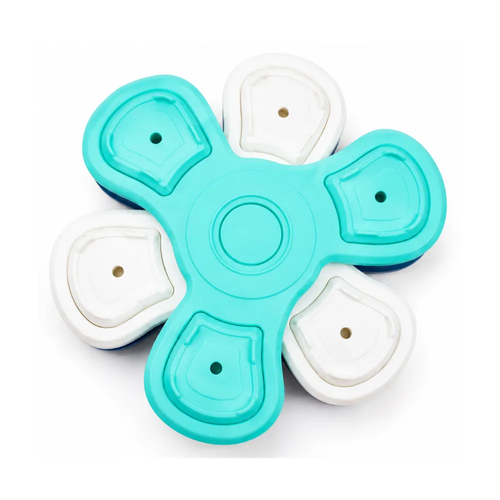 Blue rotating slow feeder dog puzzle toy with hidden food compartments and interactive feeding design