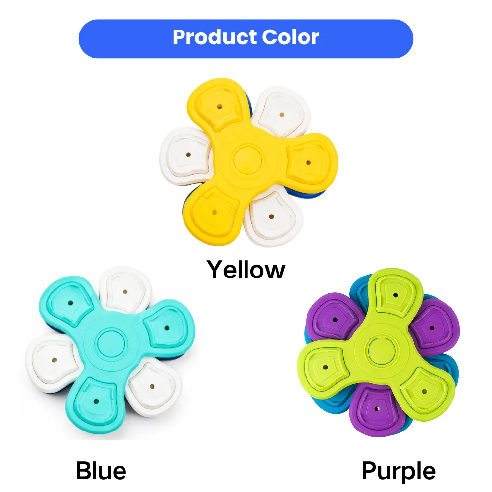 Multiple color options of rotating slow feeder dog puzzle bowl including yellow, blue, and purple styles