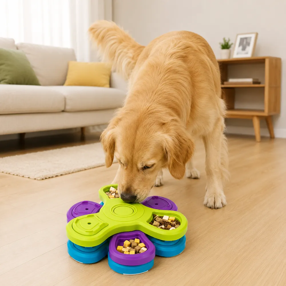 Golden Retriever using rotating slow feeder puzzle toy indoors for slow eating and enrichment training